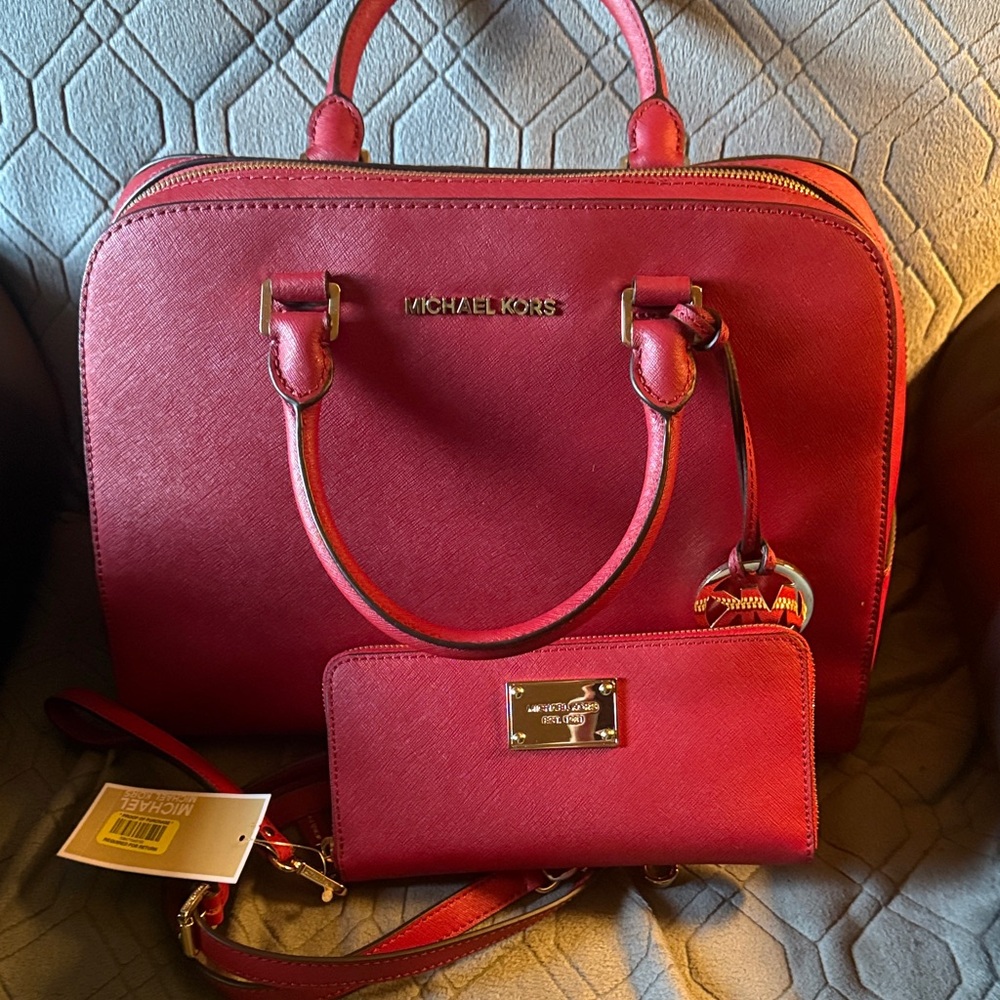 Michael Kors Cherry Red Satchel and Wallet Set- new